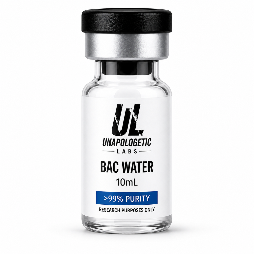 "BAC Water 10ml vial — Bacteriostatic Water 0.9% benzyl alcohol, peptide reconstitution solvent, Unapologetic Labs" 