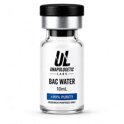"BAC Water 10ml vial — Bacteriostatic Water 0.9% benzyl alcohol, peptide reconstitution solvent, Unapologetic Labs" 