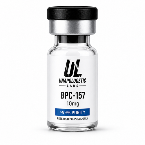BPC-157 10mg lyophilised peptide, >99% purity. Body Protective Compound for tissue and gut research purposes only.