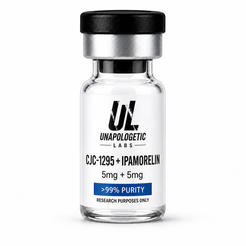 CJC-1295 No DAC + Ipamorelin 5mg+5mg lyophilised blend, >99% purity. Growth hormone secretagogue combo for research purposes only