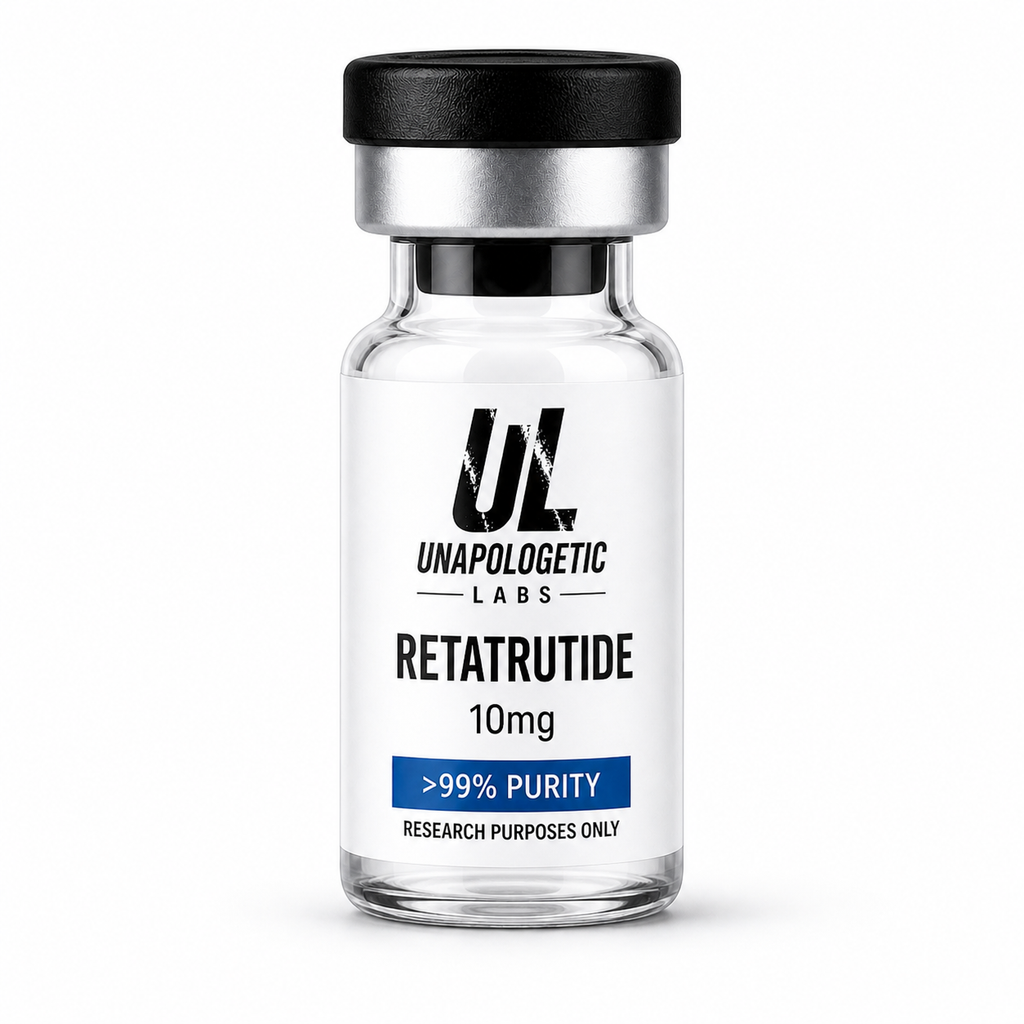 Retatrutide 10mg lyophilised peptide, >99% purity. GLP-1/GIP/glucagon receptor triagonist for research purposes only.