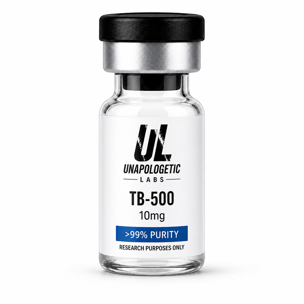 "TB-500 10mg lyophilised peptide vial — Thymosin Beta-4 derivative, >99% purity, Unapologetic Labs"